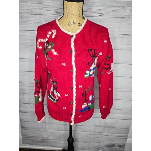 Vintage Belle Pointe Red Knit Christmas Cardigan Sweater - Picture 16 of 16